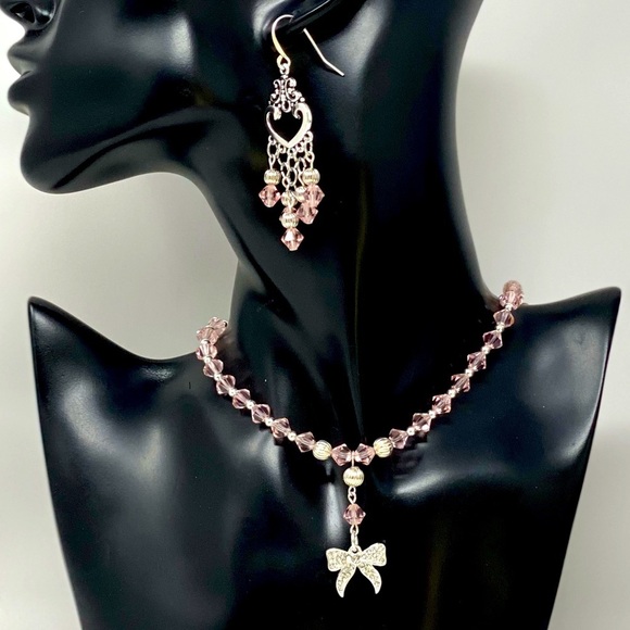 Hand Crafted Jewelry - Pale pink crystal necklace chandelier earrings